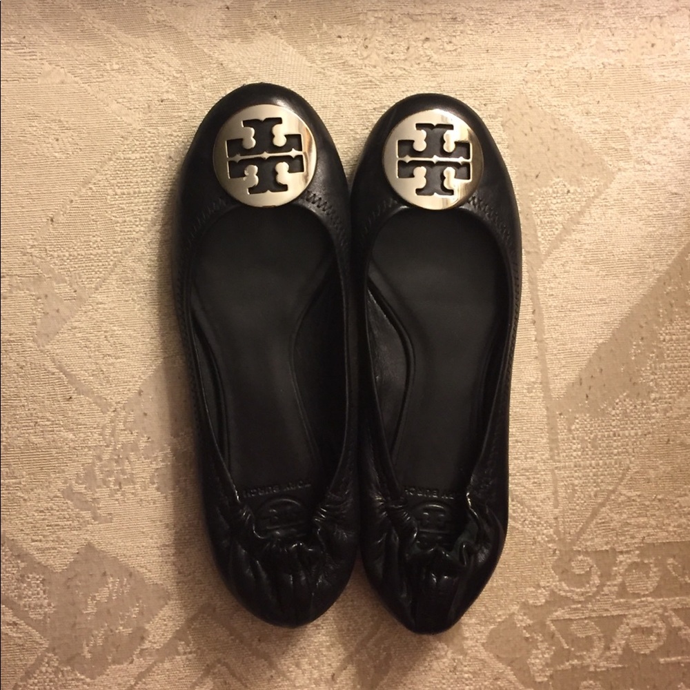 Tory Burch Black Leather Reva Ballet Flats with Gold Logo
